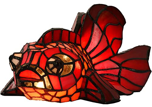 Bieye L30827 - Tischlampe mit rotem Teleskop und Fächerschwanz, Goldfisch, Tiffany-Stil, Buntglas-Akzent-Nachtlicht für Heimdekoration