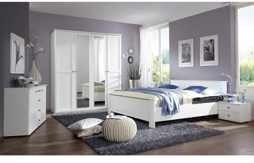 Lomadox Schlafzimmer Set 5-teilig mit Bett 180x200, 2 Nachttische, Kleiderschrank, Kommode in weiß