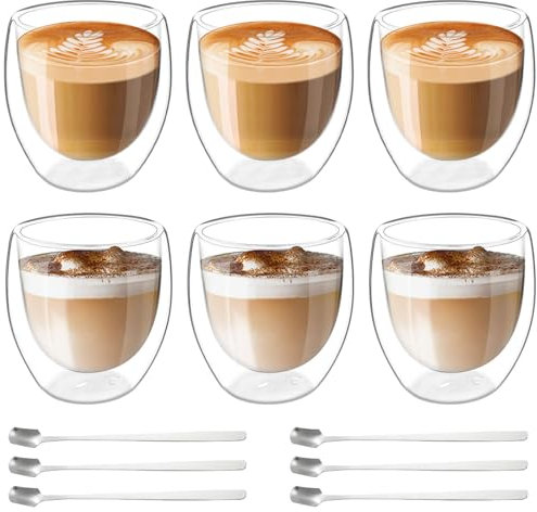 Latte Macchiato - Juego de Tazas de Café de Doble Pared (6 Vasos de 80 ml, 6 Cucharas) - Capuchino, Vasos Térmicos de Cristal