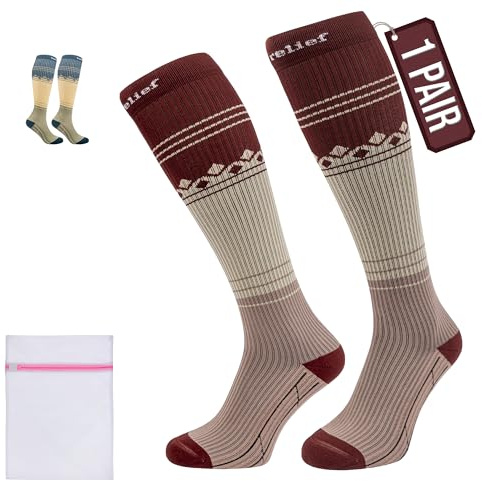360 RELIEF 1 Par Medias de Compresión 15-20 mmHg - Clase 1 Calcetines Compresion para Mujeres y Hombres - Soporte Diario para Correr, Viajar, Recuperación Deportiva - S/M Marrón con Bolsa de Malla