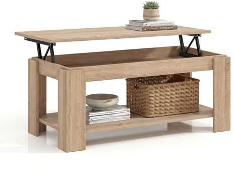 duehome | Mesa de Centro Elevable, Mesa Auxiliar, Modelo LYA, Acabado en Roble Canadian, Medidas: 102 cm (Largo) x 50 cm (Ancho) x 43-54 cm (Alto)