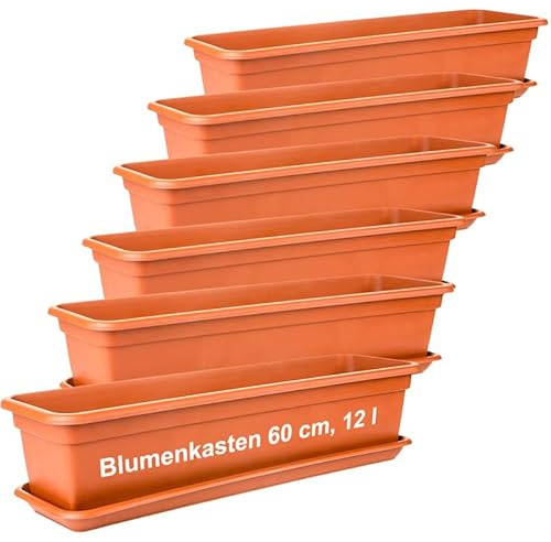 LIVINJA Terrakotta Blumenkasten 60cm mit Untersetzer – 6er-Set, Hochwertiger Kunststoff, Terracotta, Made in EU