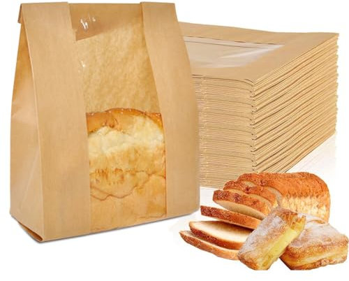 Huamengyuan Toastbeutel Lebensmittel Papiertüten Papiertüten Klein mit Fenster Brot Papiertüte Sandwich Papiertüte Papiertütchen Mit Sichtfenster Brotkuchen Chocolate Candy Snack Verpackung 50 Stück