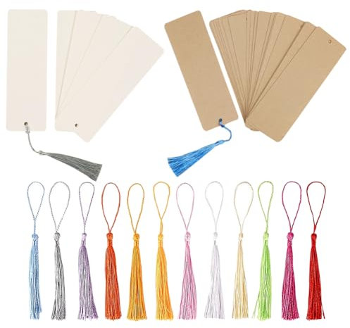 60 Stück Kraftpapier-Lesezeichen, blanko, Karton, Lesezeichen, Basteln, einfarbige Lesezeichen, DIY, Kunst, Lesezeichen, Geschenkanhänger mit 60 bunten Quasten