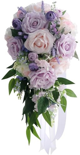 FRZXBKW Bouquet da sposa for sposa, 9,8 pollici Purlie bianco Calla e rose artificiali Bouquet da sposa Matrimonio all'aperto Rustico Cascata Bouquet da sposa a cascata for cerimonia e anniversario