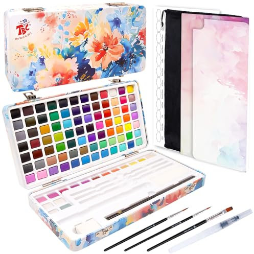 TBC Aquarellfarben Set 100 Farben in Tragbarer Box, Inklusive 36 Metallic- und 7 Fluoreszenzfarben, Wasserfarben mit Aquarellpapier, pinsel und andere Zeichnung Werkzeuge für Künstler und Hobbymaler
