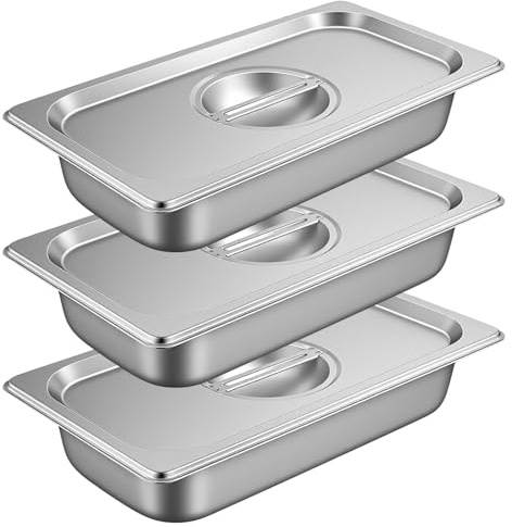 FAAING Juego de 3 piezas para empanar de acero inoxidable, recipiente de 1/3 GN con tapa, de metal rectangular, recipiente gastronorm para revestimiento de harina para cocinas domésticas, cocinas