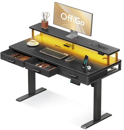 OffiGo Bureau Assis Debout avec 3 Tiroirs, 120cm Bureau Gaming, Noir