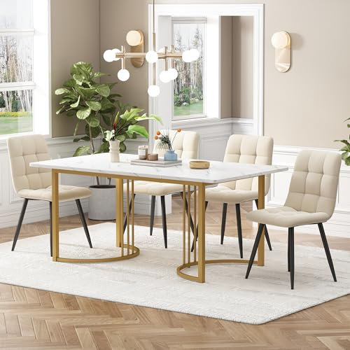 Merax Esstisch-Set, 140×80cm Esstisch mit 4 Stühlen, Marmor-Muster MDF, Metallbeine, gepolsterte Samt stühle mit Rückenlehne, für Esszimmer, Küche, Wohnzimmer, Golden + Beige