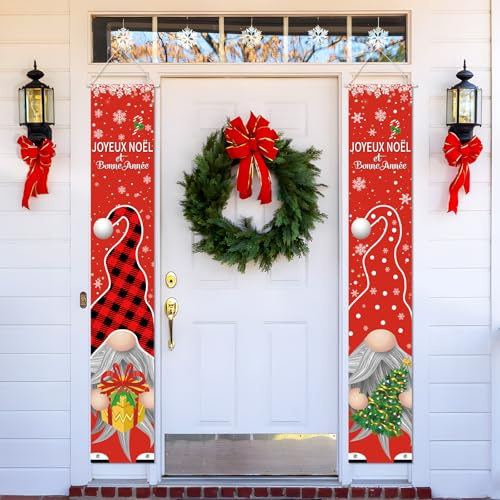 2pcs Bannières de Porte Joyeux Noël Rouge Banderole Bonne Année 180x30cm Porche Bannière Suspendu forme Nain de Noël Flocon de Neige Sapin Cadeau Décoration pour Maison Extérieur Fête Noël Nouvel An