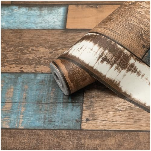 Theper Blue Brown Wood Wallpaper Vintage 17.7×78.8Wood Grain Contact Paper Peel and Stick Wallpaper Self Adhesive Removable Wall Paper Wood Contact Paper for Cabinets Furniture Vinyl Waterproof Film