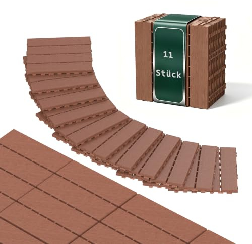 YRHome 22 Stück Holzoptik Balkonfliesen Terrassenfliesen 30x30cm Dekorative Kunststofffliesen für Terrasse Klickfliesen Bodenbelag Balkonfliese Wasserfeste Pflegeleichte - 2m² Braun vertikal Typ