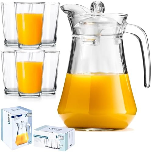 Vilde 1,4-Liter-Glaskaraffe mit Deckel und 6 Gläsern Hochwertiger | Wasserkaraffe Glas Krug für Getränke Ergonomischer Griff Ausgießer Spülmaschinenfest Ideal für Wasser, Saft, Limonade
