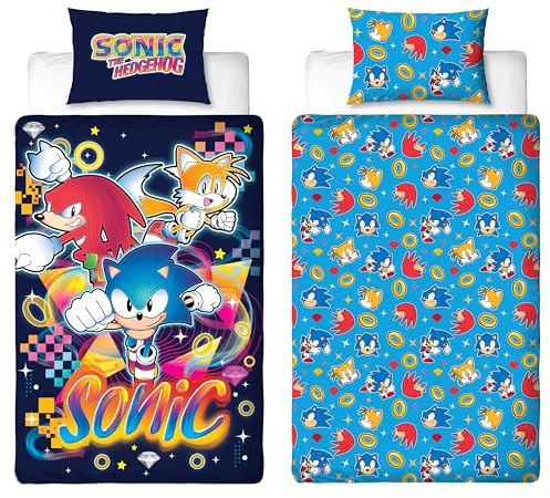 Set copripiumino singolo con licenza ufficiale Sonic the Hedgehog, double-face, double-face, con code e nocche, con federa coordinata, perfetto per la camera dei bambini