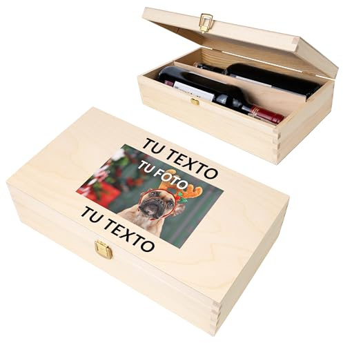 Creative Deco Personalisiert Geschenke Wunschtext + Foto Weinkiste | Fotogeschenke Holzkiste | Dein Eigenes Bild Individuelles Geschenk | Geschenkbox Für Frauen, Männer | Weinbox für 2 Flaschen