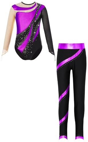 Jydiazi Mädchen Turnanzug Mit Langer Hose Langarm Glitzer Metallic Gymnastik Trikot Leggings Set Kinder Eiskunstlauf Ballett Tanzkleidung Violett 134-140