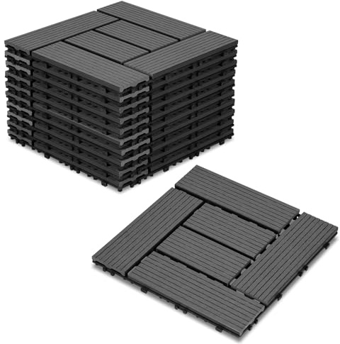 Cecaylie 11er Pack WPC Terrassenfliese, Anthrazit Balkonfliesen 30x30cm - 1m², Ideal für den Außenbereich Klickfliesen für Balkon, Garten, Terrasse, Bodenbelag Einfach, Schnell und Praktisch Verlegt