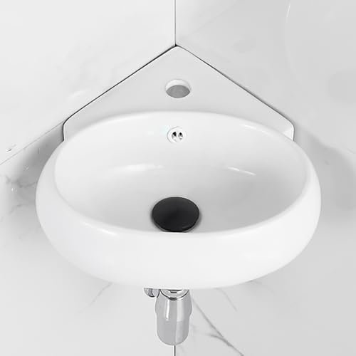 Lavandini Ad Angolo Per Bagno,Lavabo In Ceramica,Lavabo A Parete,Lavello In Ceramica Ad Angolo Con Foro,Lavabo Ad Angolo Su Piedistallo,Montaggio A Parete Ovale,Design Salvaspazio(White,W41cm/16in)