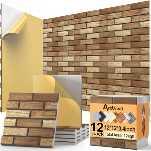 ArtVivid 12Pack Acoustic Panels, Brick Pattern Sound Proof Panels for Walls | 12×12×0.4, Faux Wood Grain Print, NRC>0.95, High-Density, Self-Adhesive Odorless Flame-Retardant, for Ceiling Decor/Gamers