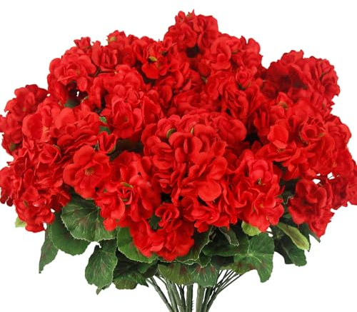 CISDUEO 12 flores artificiales de geranio para exteriores, geranios de seda, flores rojas al aire libre, arbustos, geranios falsos para decoración de macetas al aire libre, interior, jardín, patio