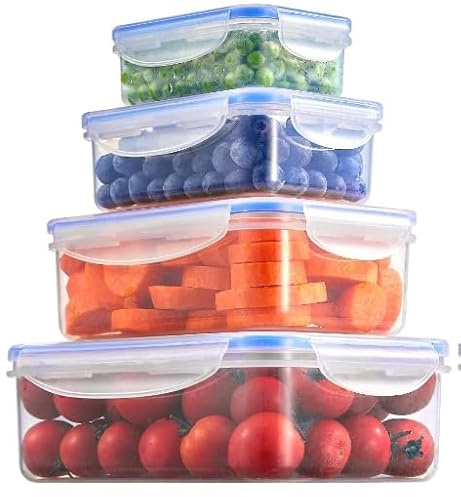 WANGZAIZAI Recipiente hermético con tapa, 4 piezas, plástico, apto para lavavajillas, microondas y congelador, apilables, transparente