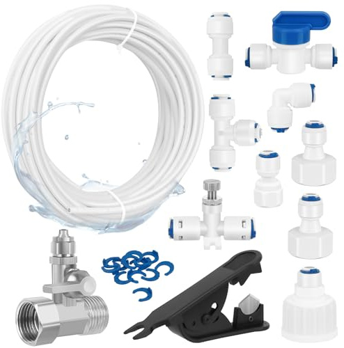 15m Wasserzulaufleitung Universal Anschluss-Set mit T Stück, 12 Stück RO Water Filter Fitting für 1/4 Zoll Schlauch, Kühlschrankschlauch, Wasserschlauch (T + I + L Typ + Absperrventil + Rohrschneider)