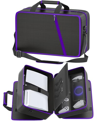 Borsa da Viaggio per PS5 con PS5/Slim/Pro Digitale e Disco, 10 Scomparti Custodia per PS5 può Contenere PS Portal, 4 Schede di Gioco, 2 Controller, Grande capacità Zaino per PS5 (Nero & Viola)