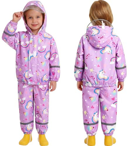 Baogaier Tuta Impermeabile Bambina, Leggero Fodera in Rete Antipioggia Giacca & Pantaloni Impermeabili 2 Pezzi Set, Bambini Pioggia Completo Abbigliamento per Ragazze 4-5 anni, Cavallo Viola