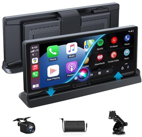 10,26 Pulgadas Carplay Android Auto,Pantalla Carplay Coche con Soporte de pie,Assistant de Voz Goo-gle y Siri,1080P Cámara Trasera Incluida,Navegación GPS,Super Mirror Link