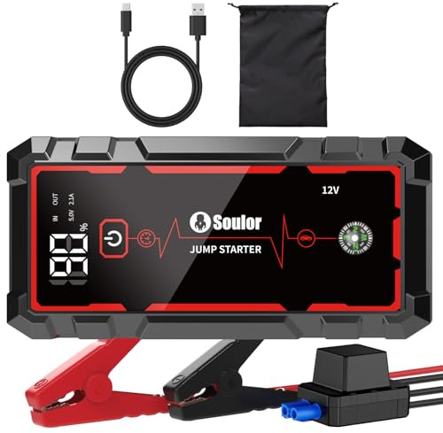 5000A Jump Starter Car Battery Jumper Starter Portable with Jumper Cable, Quick Charge Power Bank, 3 Modes Flashlight, Compass