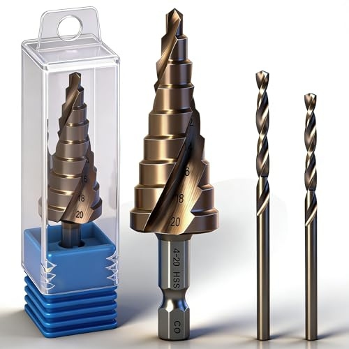 Stufenbohrer Metall Ø 4-20, Kegelbohrer für Metall M35 HSS CO Stufenbohrer mit 9 Stufen Schälbohrer für Edelstahl, Baustahl, Holz und Kunststoff mit 2 Stück M35 Spiralbohrer 2,5mm 3mm