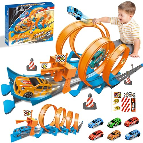 Ulikey Pista da Corsa Bambino, Pista Macchinine Giocattolo con 3 Anelli e 6 Veicoli A Motore, 76 Pezzi Pistas da Corsa Macchinine Flessibile con Luci e Suono, Regalo per Bambino Bambina 3+ Anni