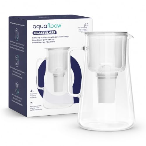 Aquafloow Caraffa filtrante vetro, borosilicato 3L, senza BPA, Caraffa premium, lavabile in lavastoviglie, con cartuccia filtro – riduce calcare e cloro, nessun retrogusto in plastica, bianco