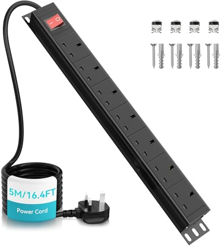 Airmom 7 Way Extension Lead 5m Rack Mount Power Strip 19 inch, Wall Mountable Power Socket Black, Metal Housing
