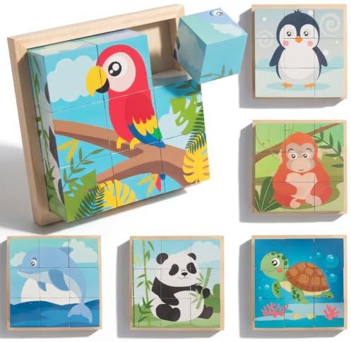 Wooden Cube Puzzle for Toddlers 1-3, 6-in-1 Animal Montessori Learning Toys | 9 Building Blocks with Tray Fine Motor Skills & Problem Solving Preschool Educational Gift for 12+ Months Boys Girls