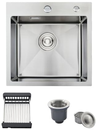 BoomHoze Fregadero Cocina 45x45cm Con Cesta de Filtro Extensible, Cepillado | Compatible Montaje Sobre y Bajo Encimera, Fregadero 1 Seno de Acero Inoxidable, Ideal para Cocinas y Apartamentos