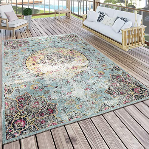 Paco Home In- & Outdoor Teppich Modern Orient Print Terrassen Teppich Türkis, Grösse:160x220 cm
