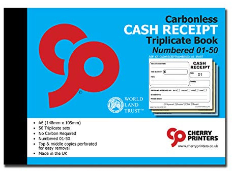 Cherry Carbonless (NCR) Cash Receipt Book Triplicate A6 50 Sets Numbered 1-50 Perfect for The Self Employed and Taxis