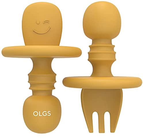 OLGS Silikon Besteck Kinderbesteck 2er Set | Esslernbesteck, Babybesteck, Babylöffel, Baby Gabel Löffel Esslernlöffel BPA-frei Mustard | Lernlöffel Babygabel Kindergeschirr Fütterungslöffel für Kinder