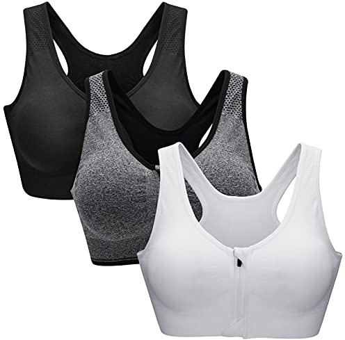 ZOEREA Sujetador Cierre Delantero Deportivo para Mujer Gimnasio Ropa con Almohadillas Extraíbles para Correr Sin Costuras Yoga Fitness Negro + Gris + Blanco,XL