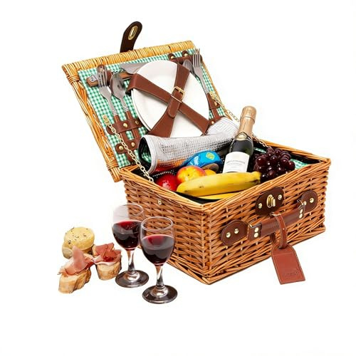 Cestino da Picnic in vimini per 2 persone con scompartimento isotermico e accessori inclusi - Regalo di Natale – Fantasia a quadretti Verdi 34,5 x 26 x 16 cm