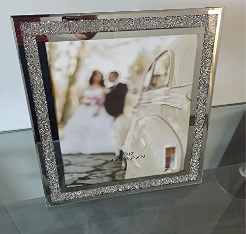 DEENZ Crushed Crystals Photo Frame Silver Mirrored Crushed Jewel Crystal Diamante Picture Frame (10X12 inch)
