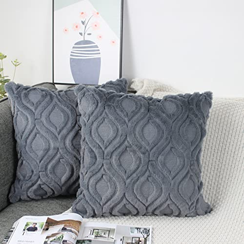 NIULAA 2er Set Plüsch Wolle Kissenbezug 50x50 Anthrazit Grau Samt Boho Deko Kissen Flauschig Couchkissen Dekokissen Fell Kissenbezüge für Sofa Wohnzimmer Modern Kissenhülle Bezug Sofakissen