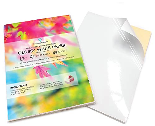 Evergreen Goods A4 Weißes Glänzend Selbstklebend Stickerpapier | 30 Blätter | Für Tintenstrahl- und Laserdrucker | Starke Rückseitenblätter | Papier für DIY-Aufkleber, Kunst & Kunsthandwerk geeignet