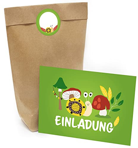 Kindergeburtstag Einladung Set mit je 8 Einladungskarten, Umschlägen, Tüten und Aufkleber - Wald Schnecke Grün