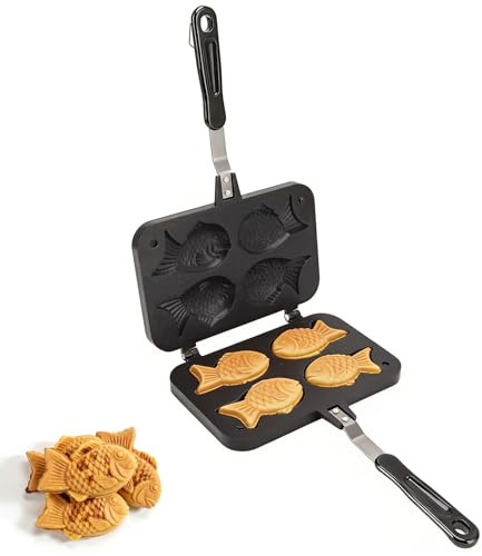 Cyrank Taiyaki Fish-Shaped Cake Pan, Non-stick Waffle Cake Maker Pan Fish-Shaped Pancake Double Pan Mold with Long Handle Pancake Baking Double Pan Mold Japanese Fish-Shaped Hot Cake Maker