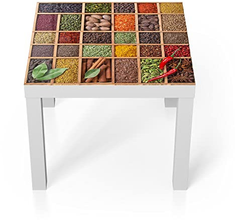 DEQORI Glastisch | weiß klein 55x55 cm | Motiv Gefülltes Gewürzregal | ausgefallener Beistelltisch aus Glas | Hochglanz Couchtisch fürs Wohnzimmer | moderner Couch Tisch mit Design