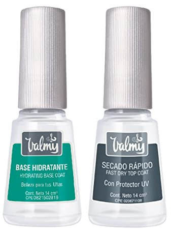 VALMY Pack Hidratante y Fortalecedor de Uñas: Base Hidratante con Keratina y Vit E + Top Coat Secado Rapido, Esmaltes Protectores y Endurecedores, Aportan Brillo y Protección, 14ml c/u (2 unidades)