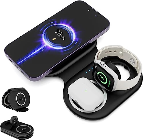 Tiergrade 3 en 1 Chargeur sans Fil pour appareils Apple Multiples, Station de Charge magnétique Pliable, Charge de Voyage pour iPhone 15/14/13, AirPods 3/2/Pro/Pro2, iWatch(Adaptateur Inclus) Noir