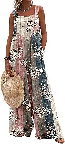 PADOLA Salopette Lino Donna Estiva Pantaloni Lunga Senza Maniche Tuta Colorato Allentata Elegante Abbigliamento Donna(M, Fiore piccoli)
